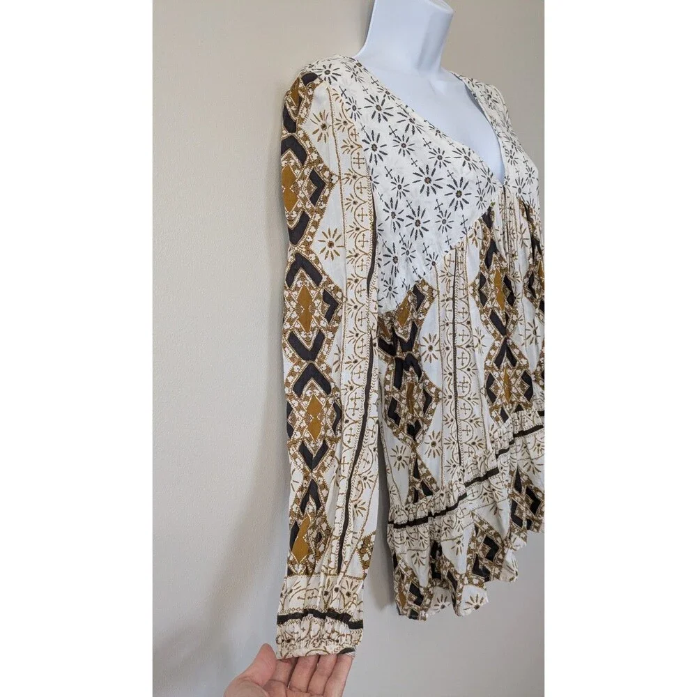 Free People Tunic Top XS Boho Flowy Festival Hippie Puff Sleeve Patchwork A-Line